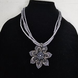 Rhinestone Flower Statement Necklace Gray Silver Tone Multi Strand